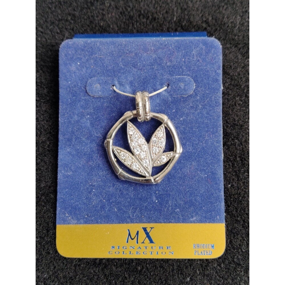 MX Signature Rhodium Plated Bamboo Circle Lotus Flower Pendant Pave CZ Stones
